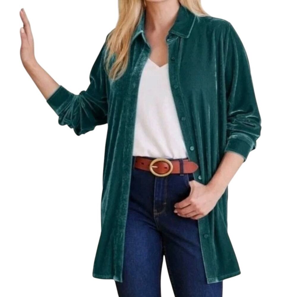 Soft Surroundings Emerald Green Velvet Boyfriend Tunic Button Up Shirt Size L